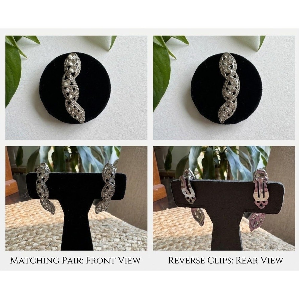 Vintage  Rhinelstone Clip-On Earrings, Long Swirl Style